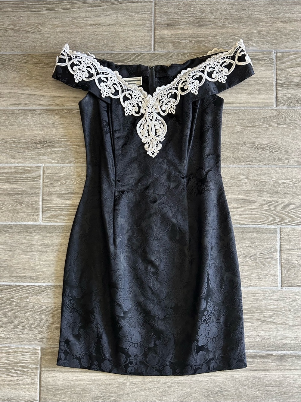 Vintage Jessica McClintock Black Mini Dress with White Lace Applique